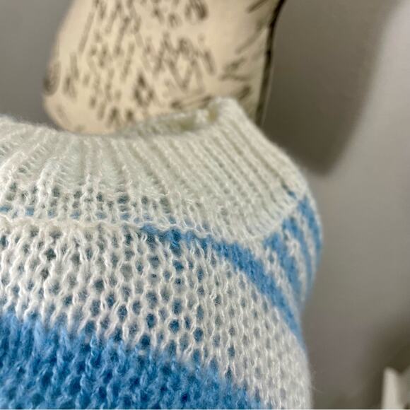 Vintage 1980s Blue & White Striped Handmade Knit Mockneck Sweater Oversized M/L - Picture 11 of 12